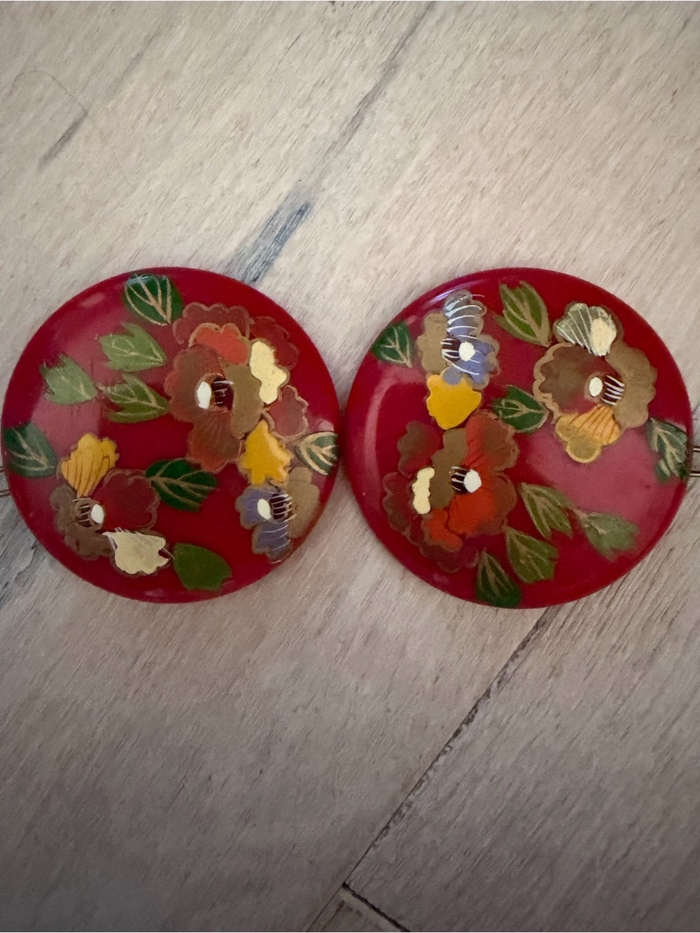Vintage Hand-painted Round Red Floral barrettes